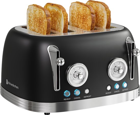 Grille-pain KitchenBrothers - 6 niveaux de chaleur - 4 fentes extra-larges - 815W - Noir