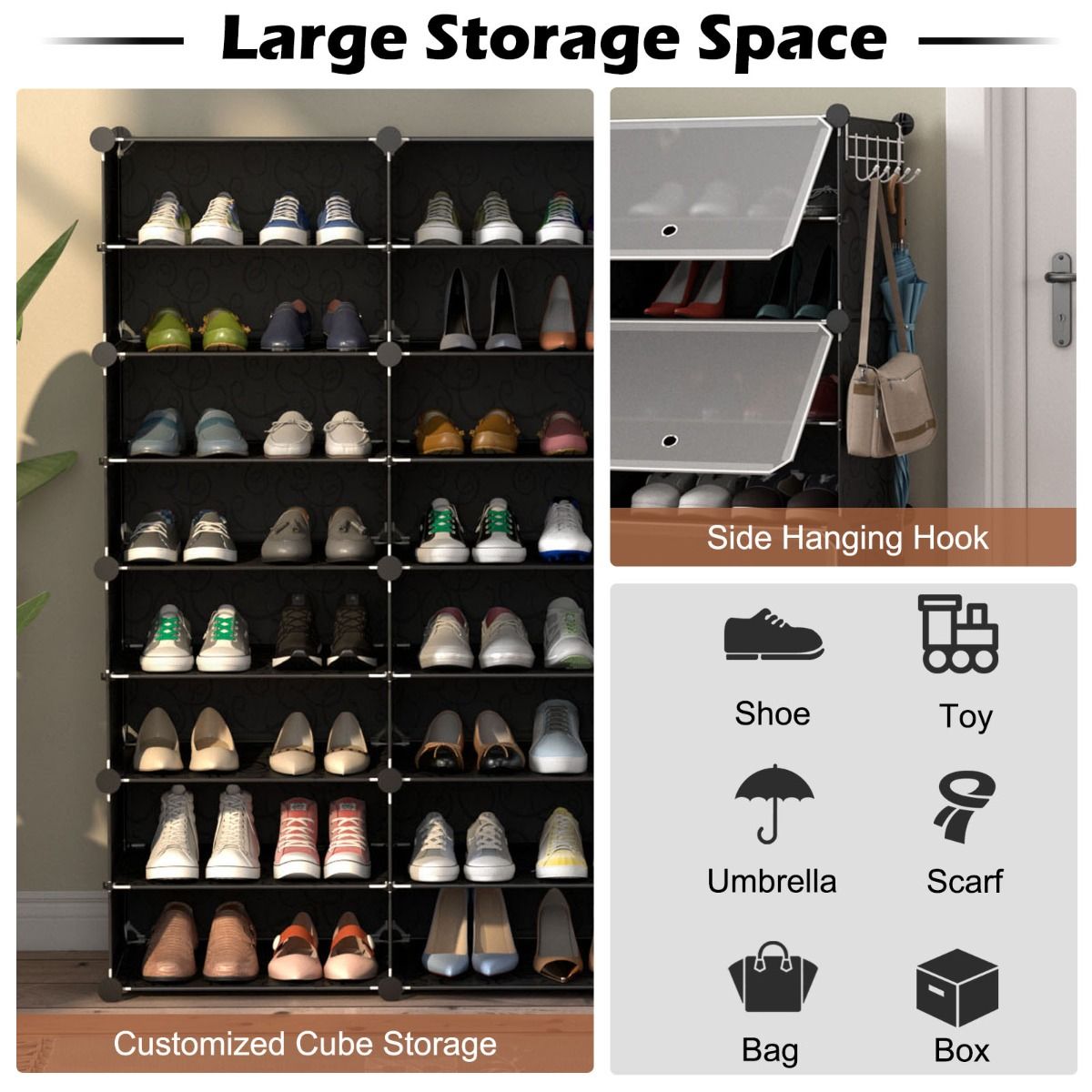 Armoire à chaussures Coast à 8 compartiments - étagère à chaussures réglable - pour 48 paires de chaussures - noire et translucide