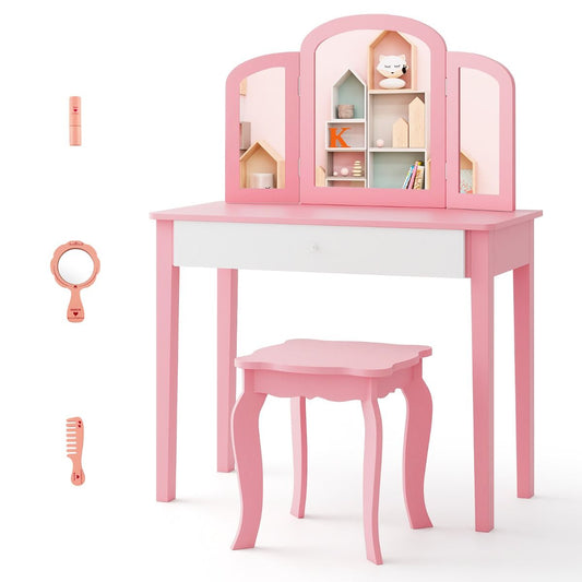 Coast Children's Dressing Table Set Pink - 70x34x95 cm Table avec tabouret et miroir pliant 3 pièces