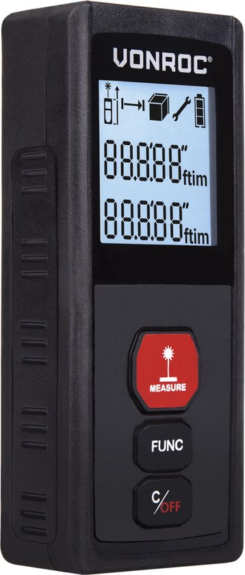 VONROC Télémètre laser - Portée de 30 mètres - Mesure la longueur (m1), la surface (m2) et le volume (m3)