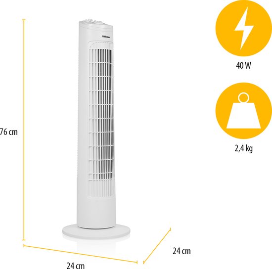 Ventilateur colonne 76 cm – 3 vitesses – Oscillation – Minuterie – Compact et élégant – Tristar VE-5864 – Blanc
