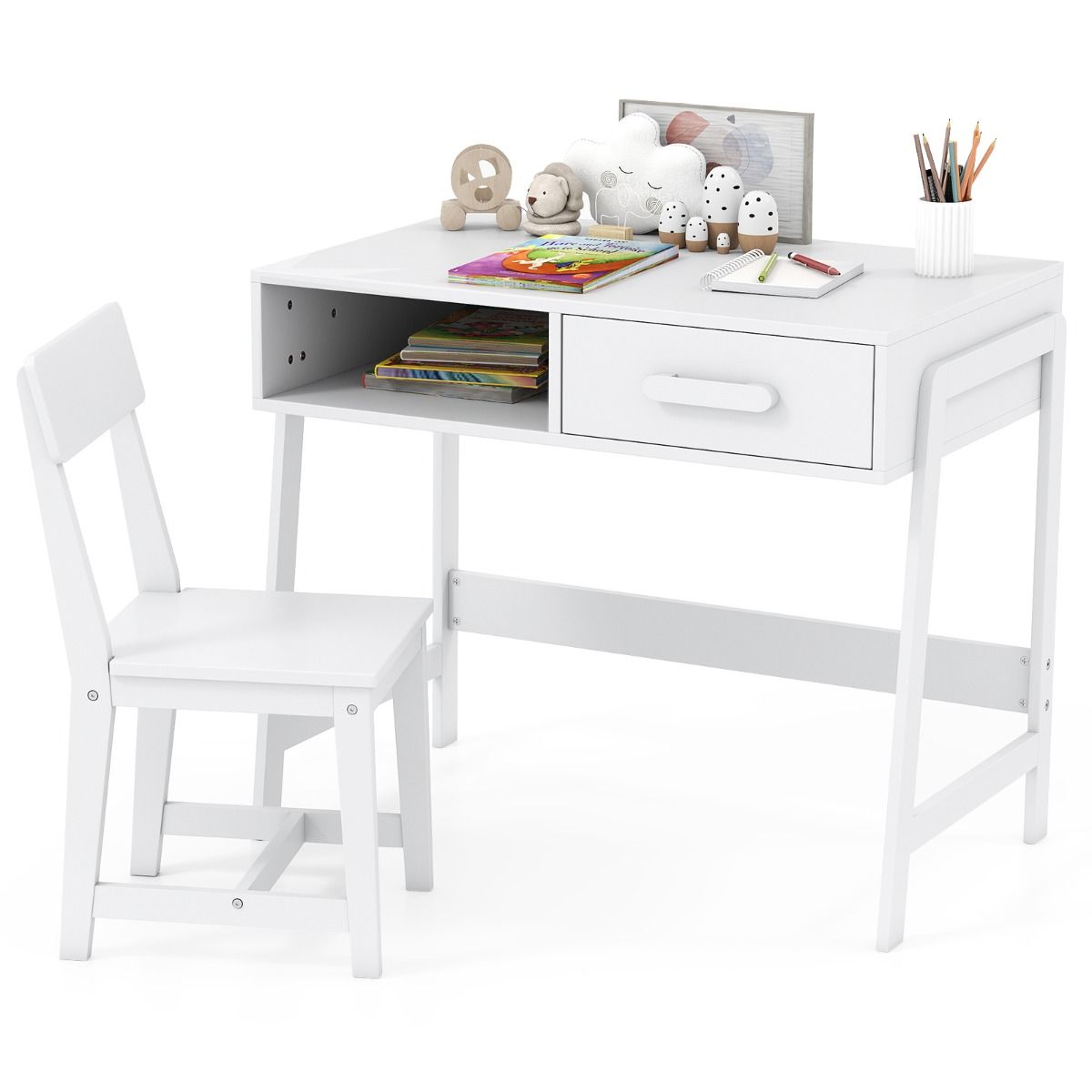 Bureau pour enfant Coast avec chaise - avec tiroir et étagère - conception ergonomique - blanc