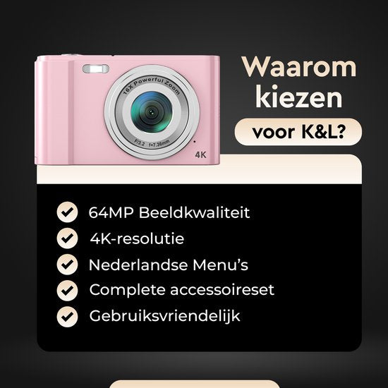 K&L Digital Camera 4K - 64MP - Caméra - Caméra compacte - Caméra Vlog - Pour les enfants - Comprend 64GB - NL Software
