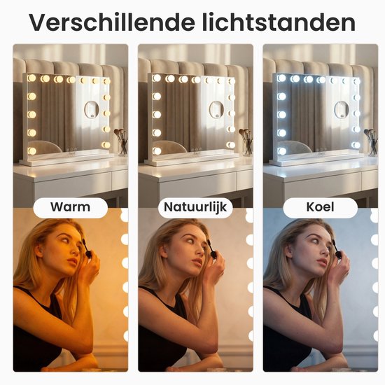 Bayt Hollywood Mirror with Lighting - Miroir de maquillage avec éclairage - Miroir avec éclairage - Dimmable - Grossissement 10x - 58x46cm - Blanc