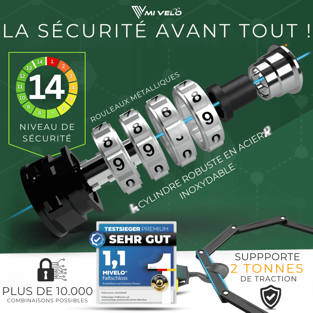 Cadenas pour vélo MIVELO  - Avec serrure à numéro - Acier inoxydable extrêmement robuste - 120 cm - Noir