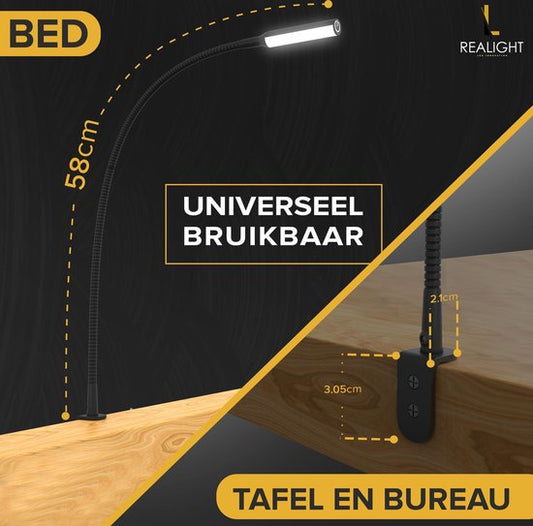 Lampe de lecture LED Realight pour lit, lot de 2 - 58 cm - Noir - Lampe de chevet à intensité réglable avec commande tactile et cordon de 2,5 mètres