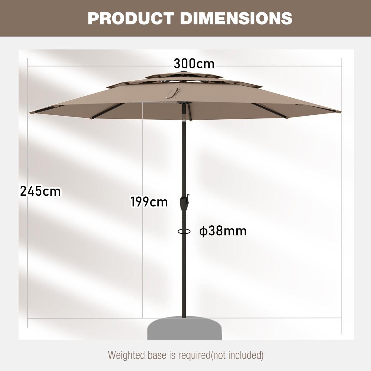 Parasol de table Coast Light Brown 300 cm - Parasol 3 couches avec mécanisme d'inclinaison et manivelle - Parasol de jardin avec 8 baleines et toile ventilée