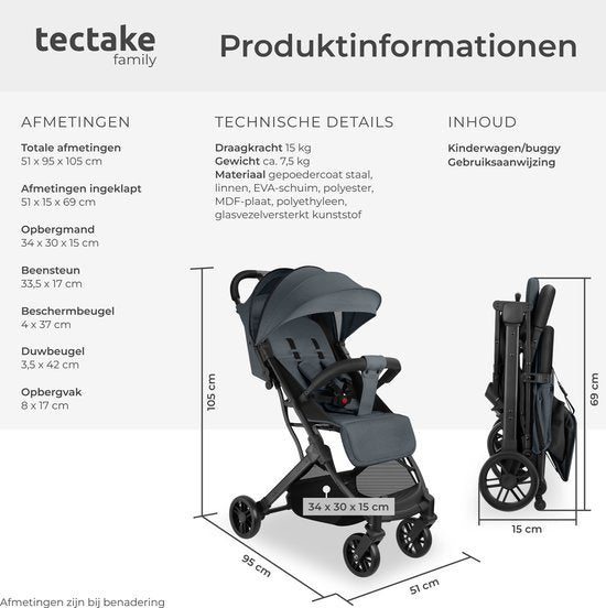tectake® Buggy Pushchair Finn - Poussette pliante légère - Pliable et avec capote pliante - Protection solaire - Capacité de charge 15kg - Anthracite