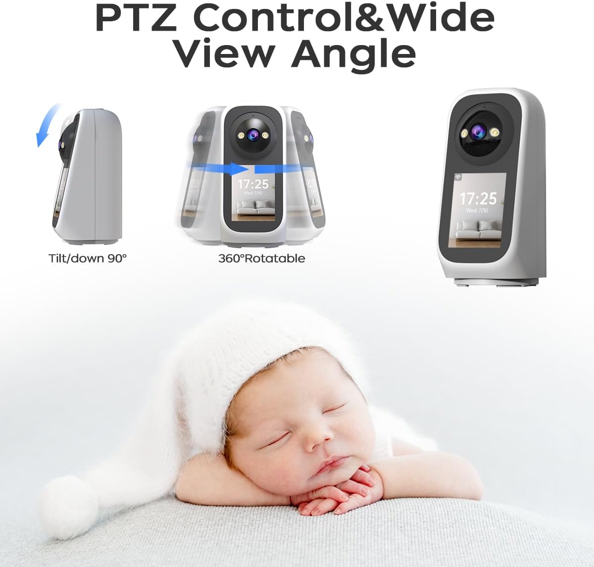Caméra de sécurité d'intérieur JOOAN 2K avec écran 2,8 pouces – PTZ 360° – Wi-Fi 5G – Vidéo bidirectionnelle – Blanche