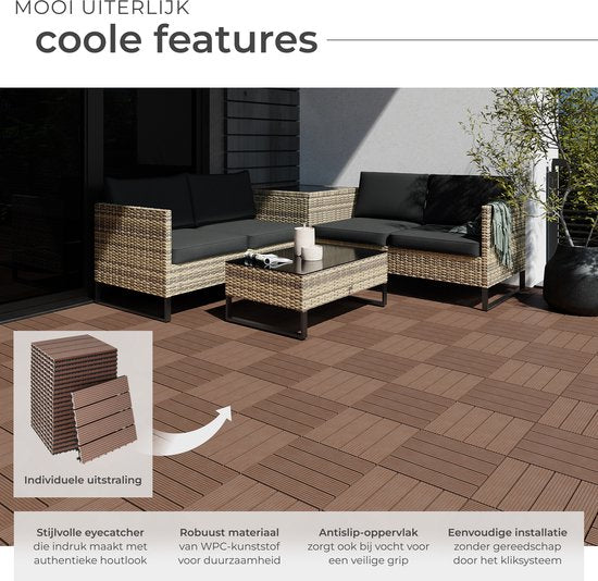 tectake® WPC wood tiles - Dalles aspect bois - Résistant aux intempéries - Sol extérieur - Dalles de sol - Sol de balcon - Dalles de terrasse avec système click - Drain - Lot de 22 - Marron