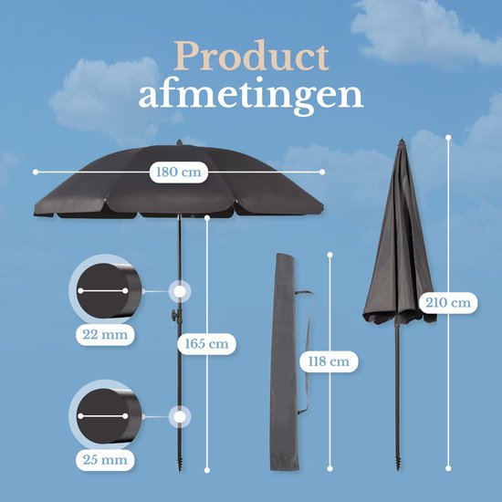 Ensemble de parasol O’DADDY® – Inclinable et réglable – Imperméable – Résistant aux UV – Avec piquet et sac de transport – Plage, jardin et balcon – 180 cm – Gris foncé