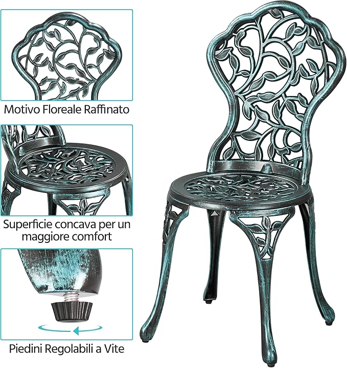 Ensemble de bistrot Yaheetech 3 pièces – Vert – Ensemble de jardin en métal comprenant 2 chaises et une table