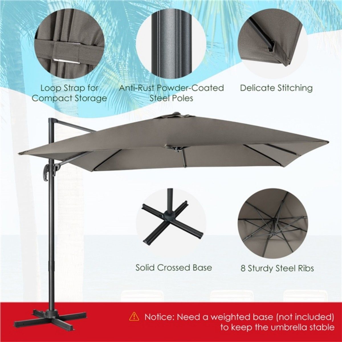Coast 300 x 300 cm Floating Parasol Grey - Parasol de terrasse et de marché inclinable et rotatif à 360°.