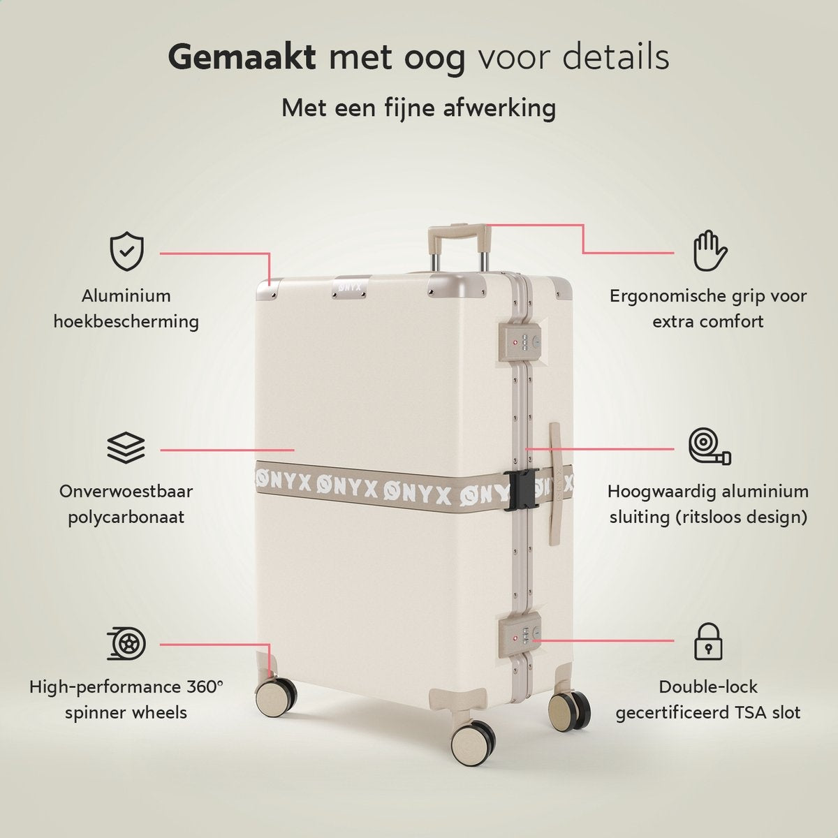 ONYX® - Valises 100L - Serrure TSA - Roues spinner - Trolley léger - Fermeture aluminium - Blanc sable