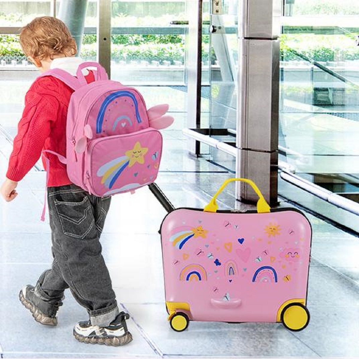 Ensemble valise et sac à dos pour enfant Coast - valise-siège avec motif d'abeilles - poignée réglable - rose