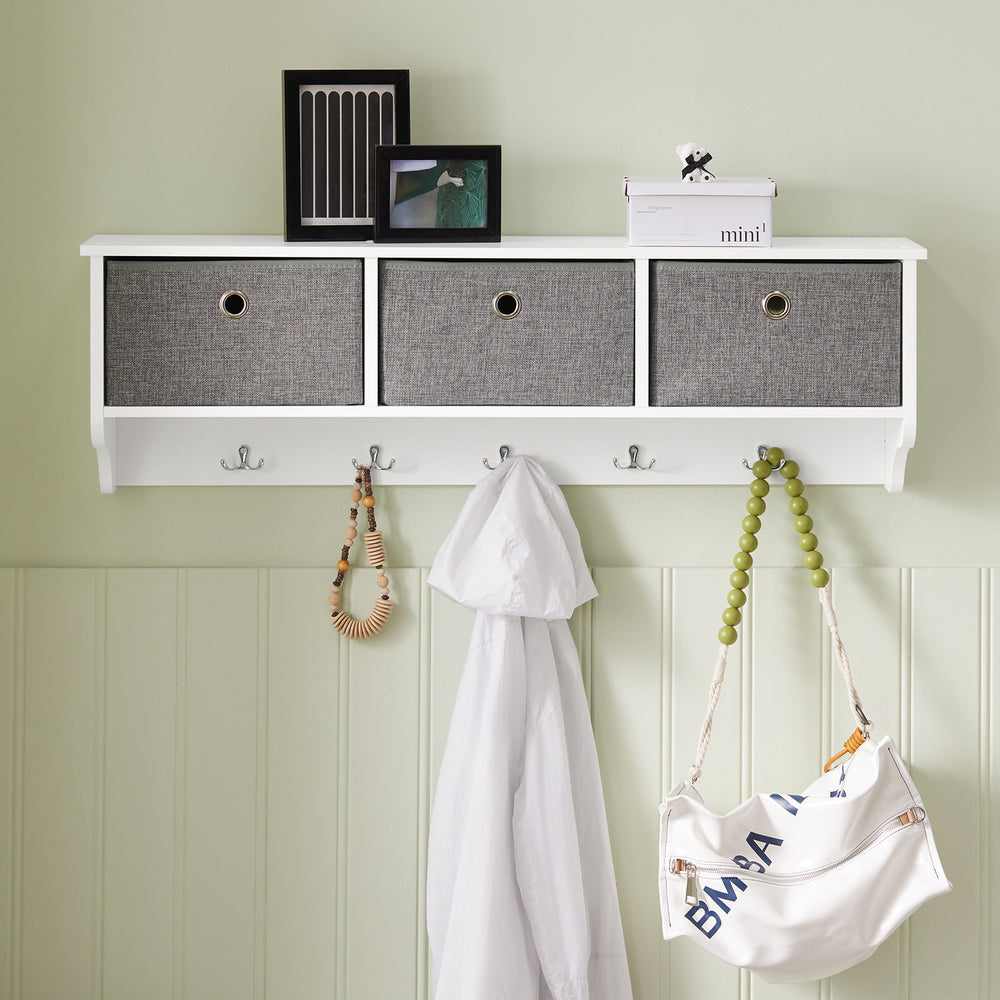 SoBuy FRG282-W Porte-manteau avec étagère murale - 3 paniers à linge - Blanc - 100x20x30 cm - Bois