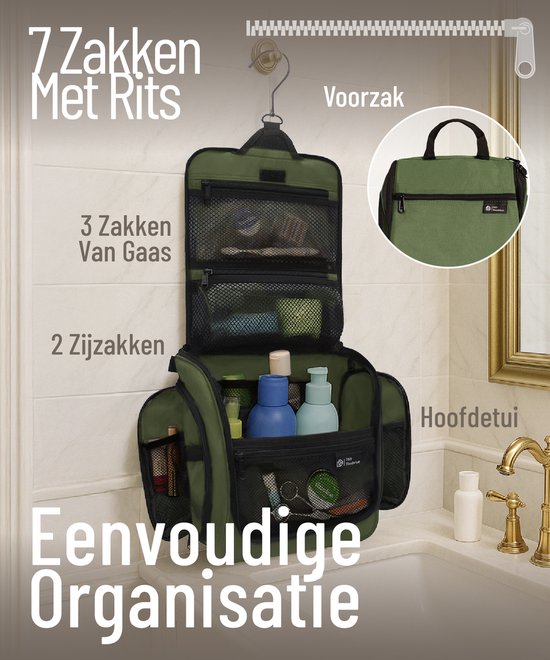 Trousse de toilette D&D Wanderlust avec crochet - Organiseur de voyage de luxe à suspendre avec 10 compartiments - Vert - Unisexe (femmes et hommes) - Capacité de 6 litres - Grande trousse de toilette de voyage à suspendre - Trousse à maquillage