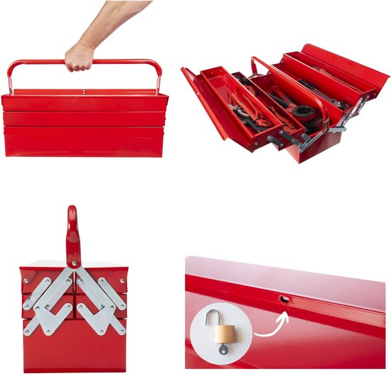 Toolland Boîte à outils, métal, pliable, 5 compartiments, rouge, 530 x 200 x 200 mm