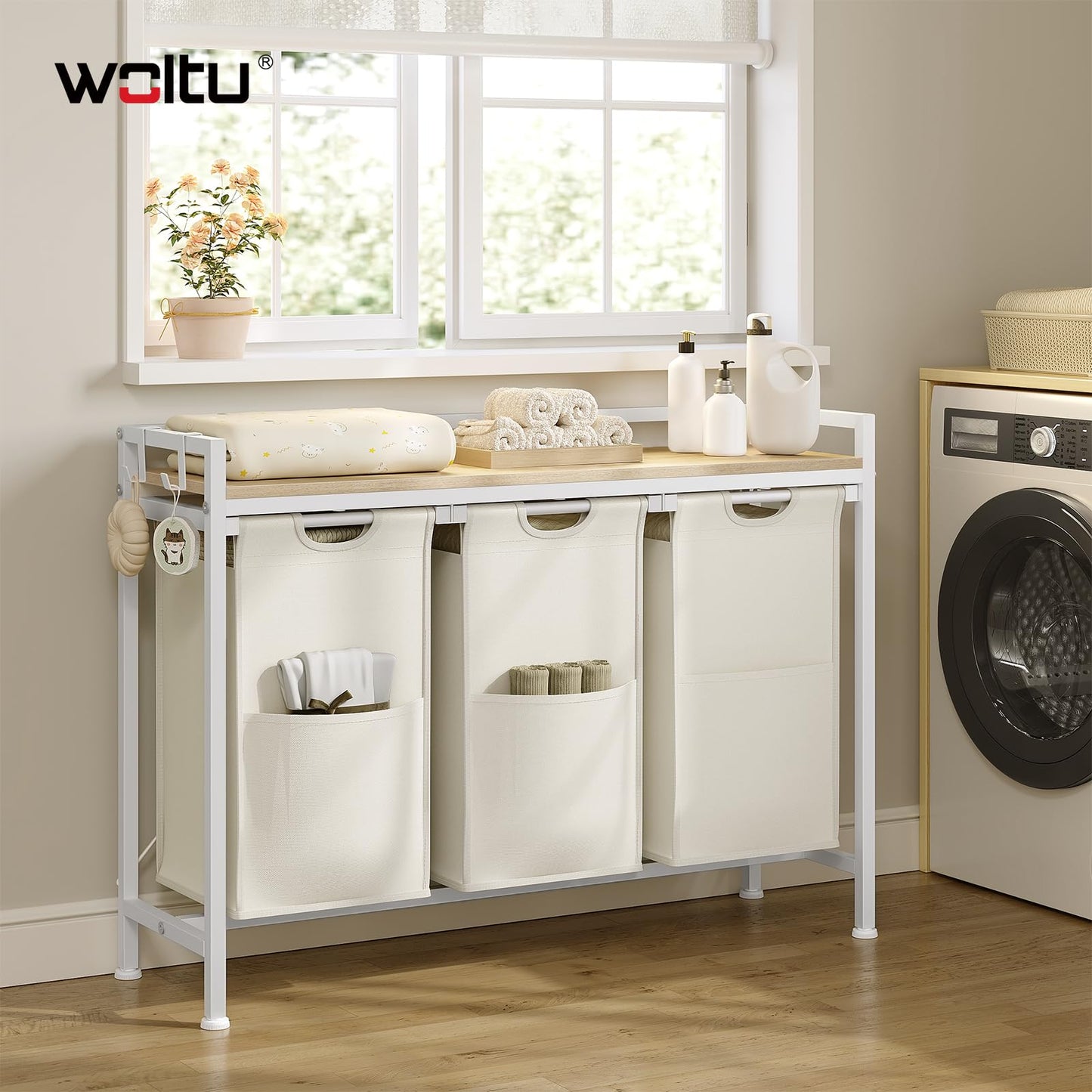 Panier à linge Woltu - 3 compartiments - 120 L - 96 x 71 x 30 cm - Blanc/Chêne clair