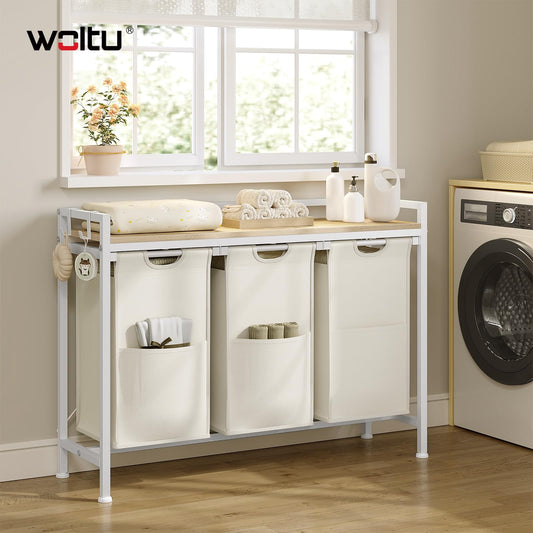Panier à linge Woltu - 3 compartiments - 120 L - 96 x 71 x 30 cm - Blanc/Chêne clair