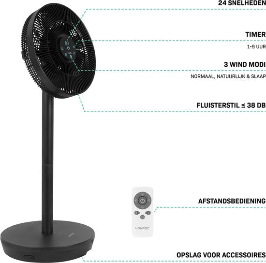 VONROC BREEZE Wireless Fan - Très silencieux (<44 dB) - 24 vitesses - léger et portable - 3 modes de ventilation : Naturel, Sommeil, Normal - Modulaire : ventilateur de table et ventilateur de sol - Ecran tactile de luxe - Télécommande incluse - Noir