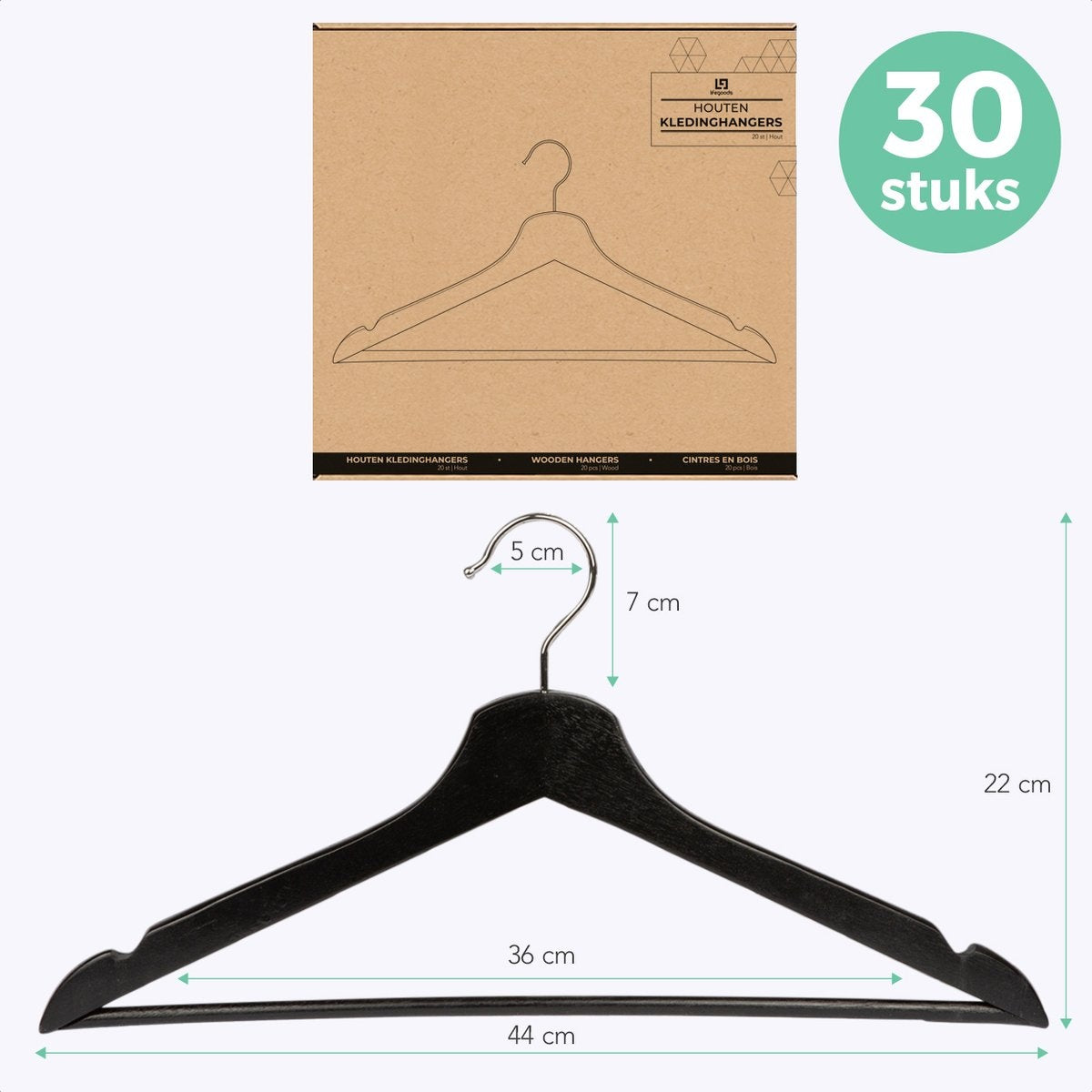 LifeGoods Cintres - Avec barre de pantalon - Bois dur - Noir - 30 pièces