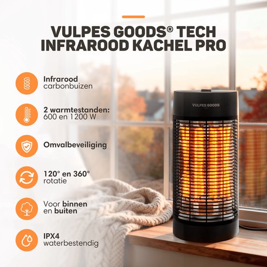 Vulpes Goods® Tech - Chauffage infrarouge - Réchaud électrique - Réchaud infrarouge - Chauffage d'appoint intérieur et extérieur - 1200W - Rotation 120°/360° - 2 niveaux de chaleur - Compact et portable - Silencieux - Résistant à l'eau IPX4 - Noir