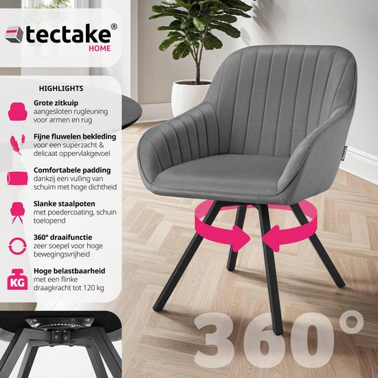 tectake® - Chaise de salle à manger pivotante avec accoudoirs - Chaise ergonomique à coque avec revêtement en velours - Rembourrée - Chaise pivotante pour le salon, la table à manger, le bureau, la coiffeuse et la cuisine - Gris