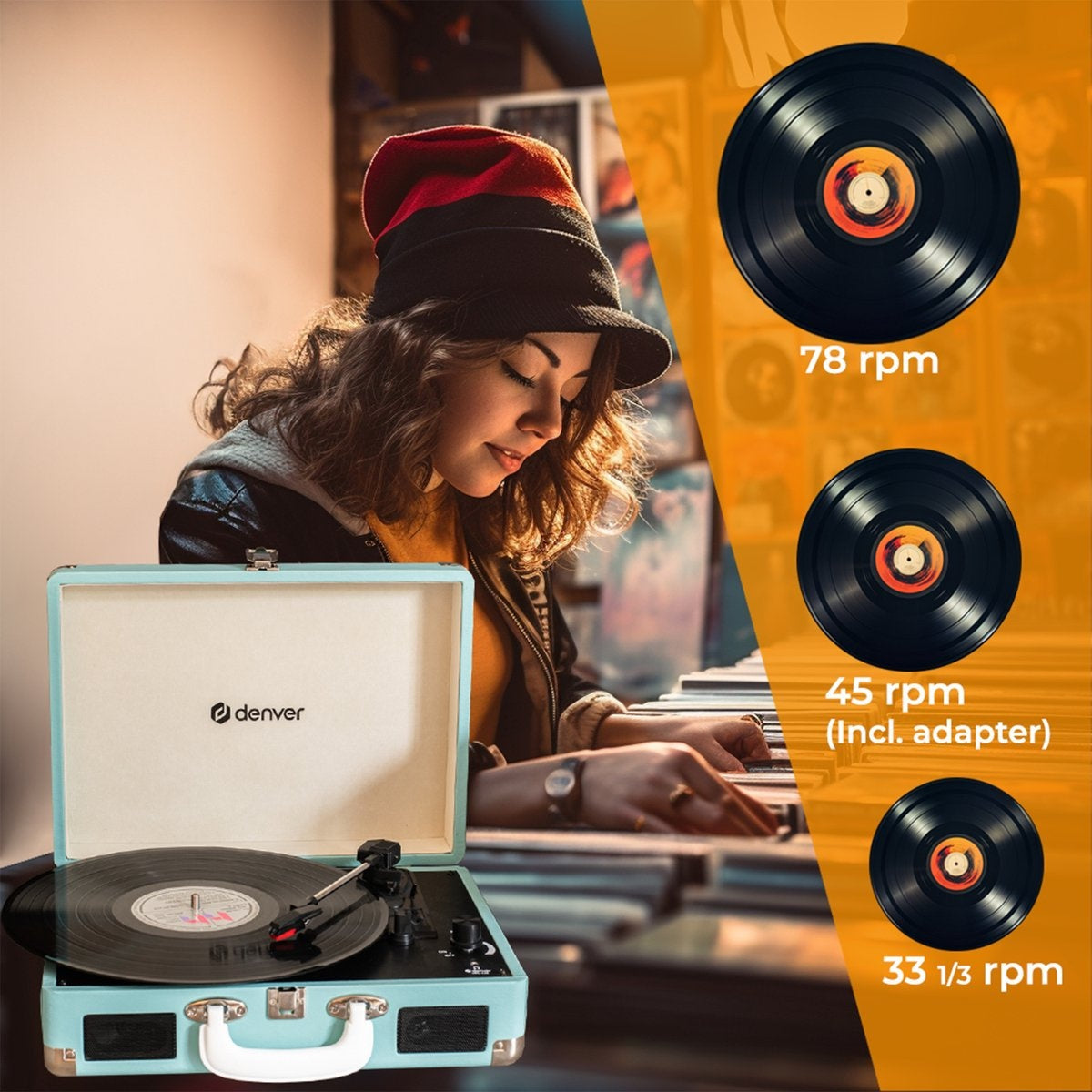 Denver Record Player - Haut-parleurs intégrés - Logiciel PC inclus - Auto-stop - Rétro - VPL120 - Bleu
