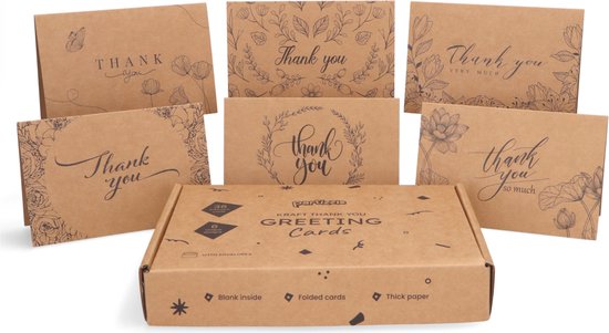 Partizzle 36x Kraft Thank You Cards Set - Cartes de remerciement - Cartes de vœux - Cartes postales - Cartes avec enveloppes - 15x10 cm