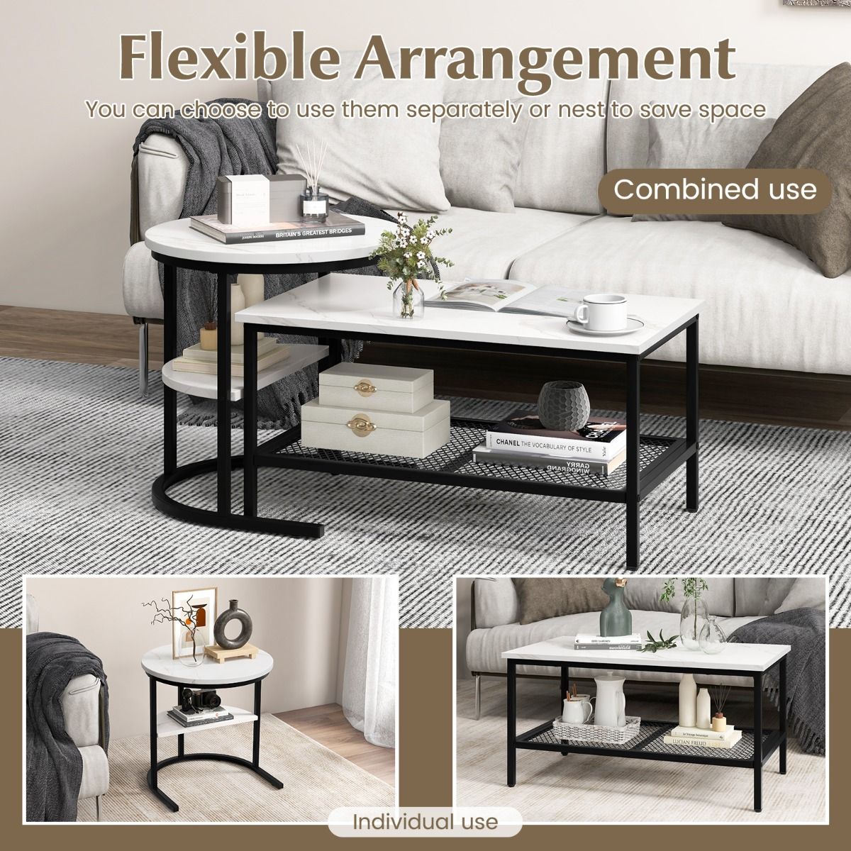 Ensemble de tables d'appoint Coast - table basse et table d'appoint - plateau aspect marbre - noir et blanc