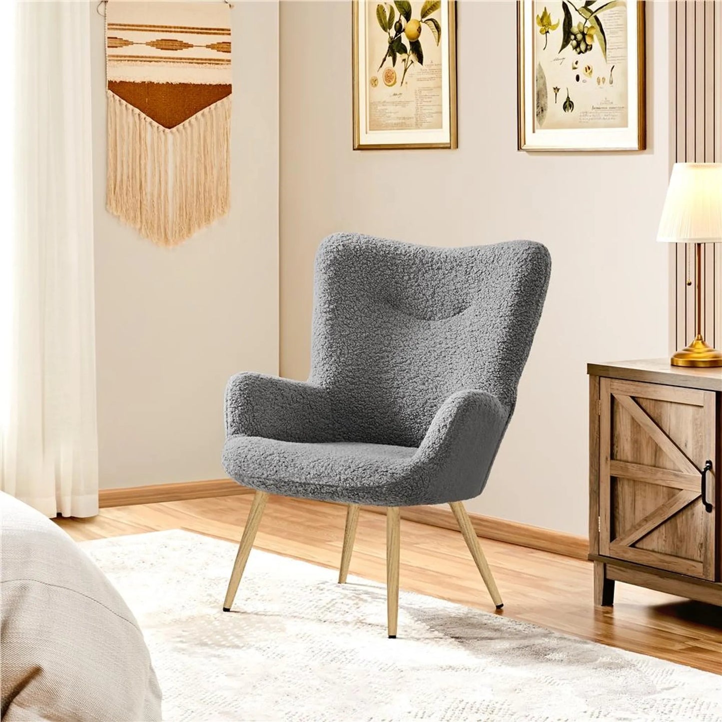 Yaheetech Fauteuil d'oreille avec dossier rabattable - équipé d'un tissu bouclé doux, de croisillons et de pieds protecteurs réglables - pour le salon et la chambre - métal gris et polyester - 70 x 67,5 x 97,5 cm