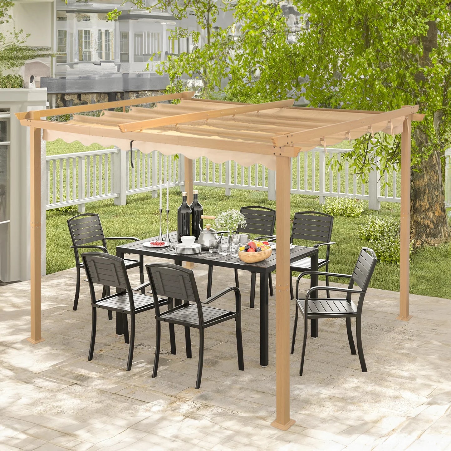 Pergola Angel Living en aluminium 3 × 3 m, jaune crème – Toit rétractable UV50+, tubes de toit en acier, revêtement par poudrage