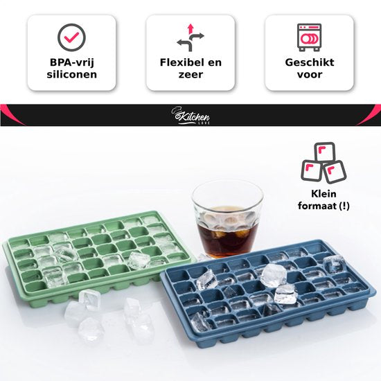 KitchenLove Moule à glaçons en silicone avec couvercle (2 pièces) - 80 glaçons - Carré - Sans BPA - 100% Silicone - Vert & Bleu