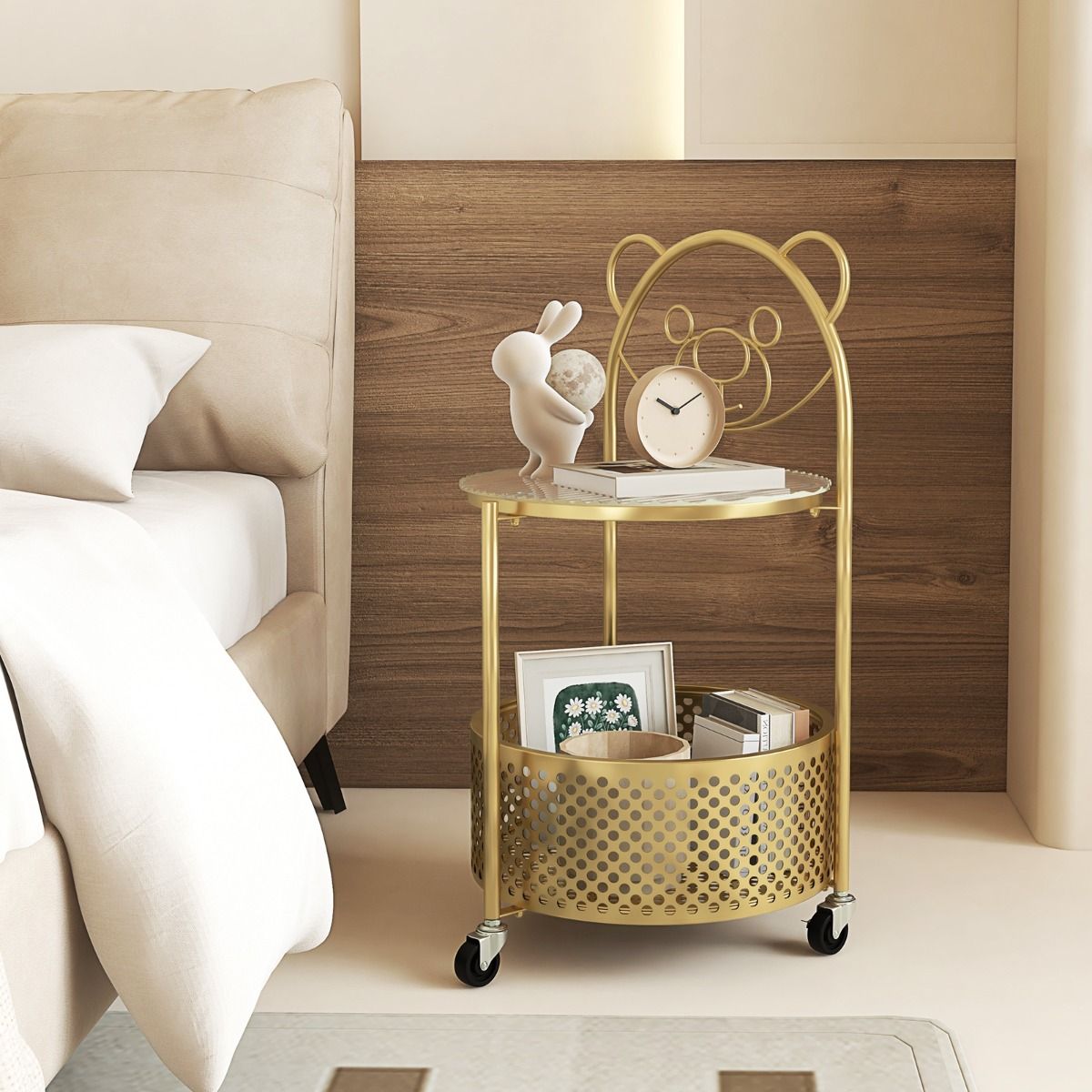 Coast Side Table Gold - 40 x 36.5 x 71 cm - Panier de rangement et cadre en métal avec roulettes