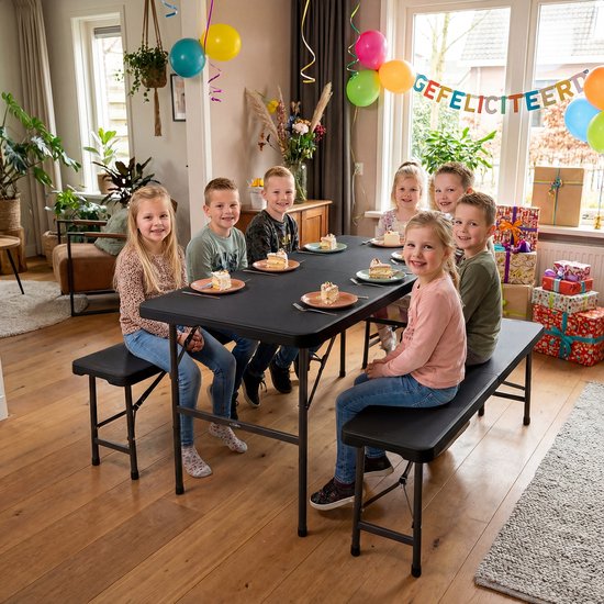 LifeGoods Set de pique-nique pliable - 124cm x 61.5cm - Table de jardin avec 2 bancs - Résistant aux intempéries - Table de camping - Table de bière pliable - Pour l'intérieur et l'extérieur - Pour 4 à 6 personnes - Noir