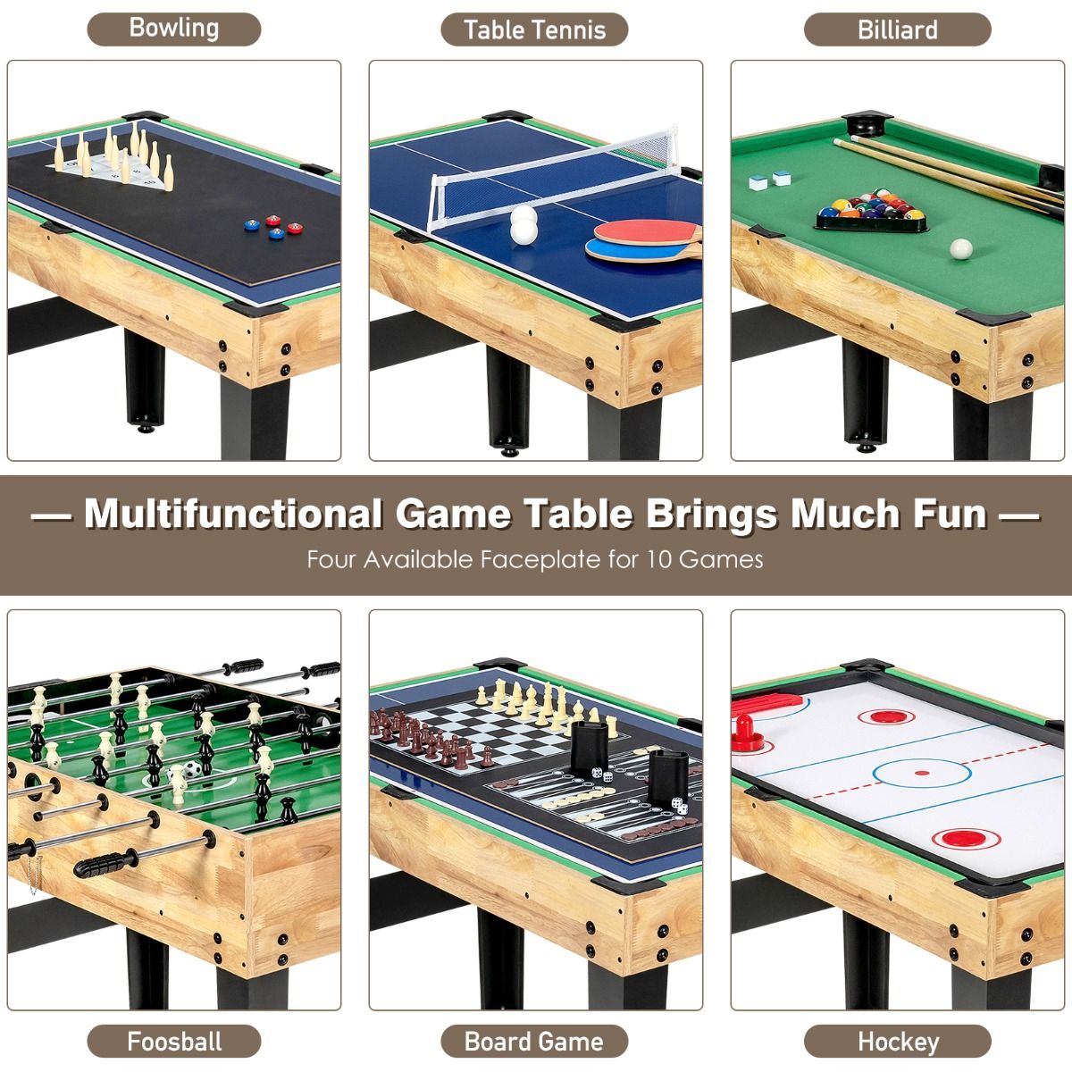 Table de jeux multifonctionnelle Coast - 10 jeux en 1 - Modèle empilable - Bois - 105,5 x 61 x 80 cm