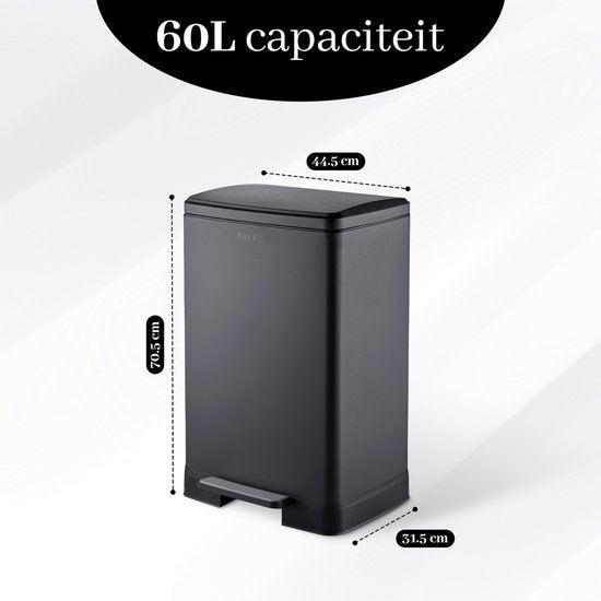 Bayt Poubelle - Poubelle 60 litres - Poubelle à pédale 60 litres - Poubelle - Inclus 2 rouleaux de sacs poubelles - acier inoxydable - Noir