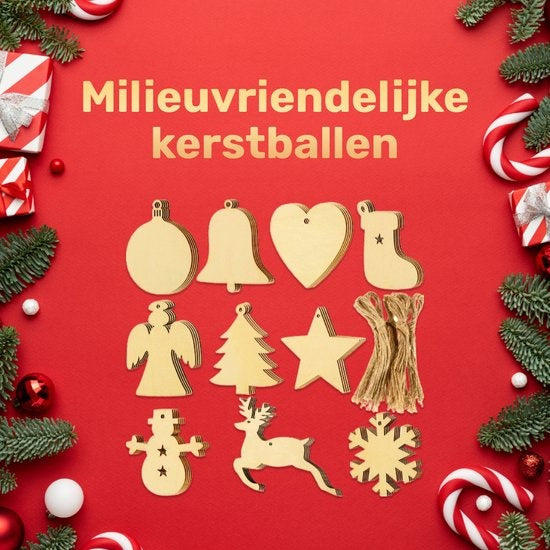Giftmas Boules de Noël en bois - Décorations de Noël pour l'intérieur - Boule de Noël en bois - Noël - 10 Formes - ?7.5cm - 50 Pièces