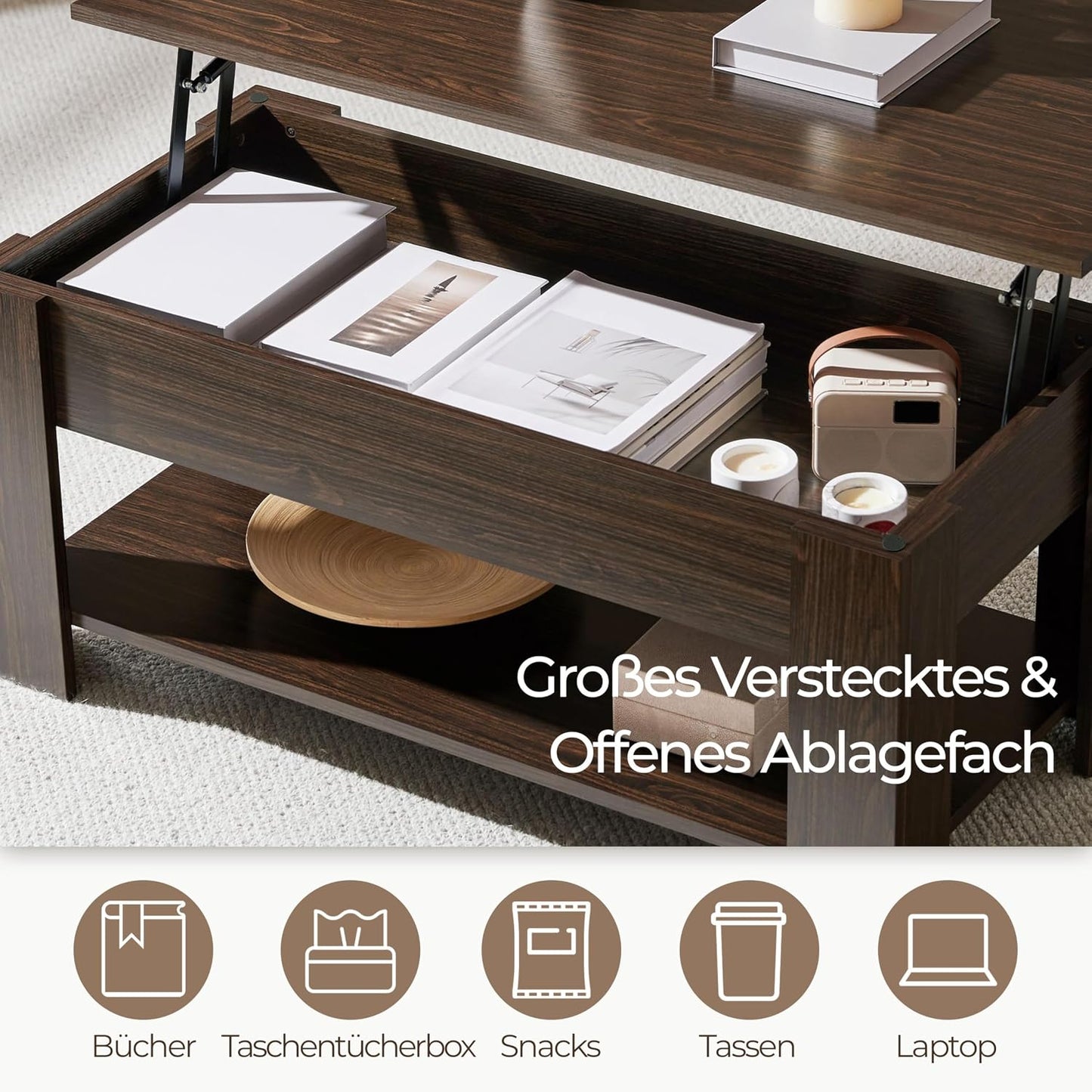 Table basse Yaheetech 98 x 50 x 41,8 cm - Marron - Réglable en hauteur - Plateau extensible - Avec espace de rangement