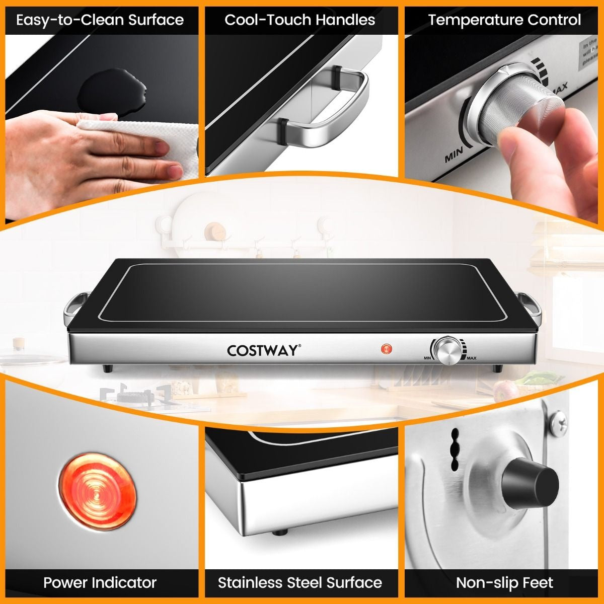 Chauffe plat électrique - Coast - 56 x 36 cm - Plaque chauffante électrique de 50 °C à 120 °C - Acier inoxydable