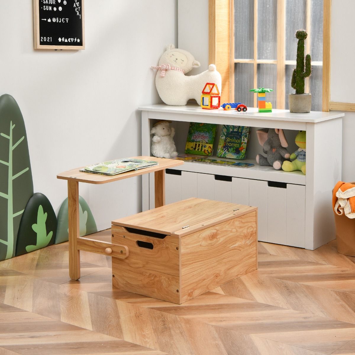 Table d'activités 3 en 1 pour enfants avec banc et coffre de rangement – 60 x 56,5 x 43,5 cm – Couleur naturelle
