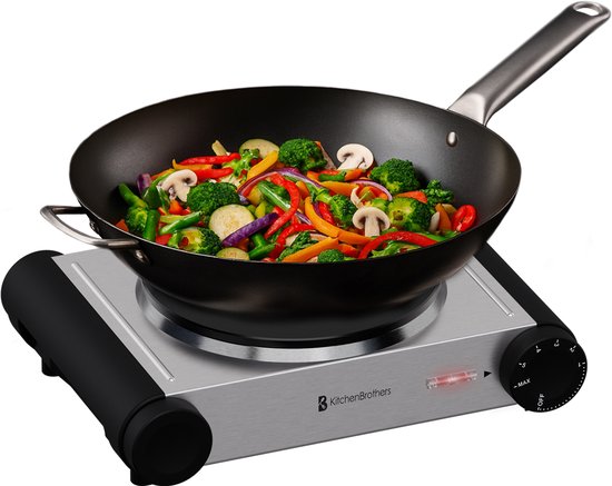 KitchenBrothers Table de cuisson électrique - 1 brûleur - pose libre - 7 niveaux de température - 1500W - inox/noir