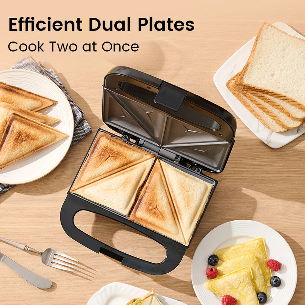 Appareil à sandwichs Ochama 750 W - Double plaque de cuisson - Sandwichs croustillants - Revêtement antiadhésif - Noir