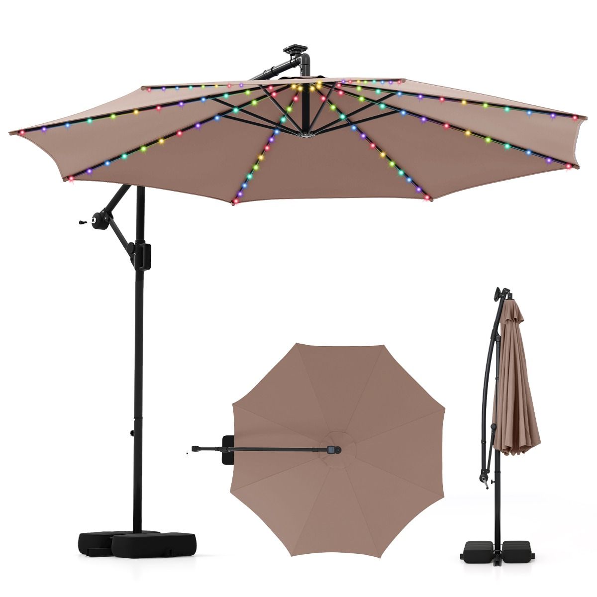 Parasol suspendu Coast avec éclairage LED - 9 modes d'éclairage - avec sacs de sable et balancier - marron - 300 x 260 cm