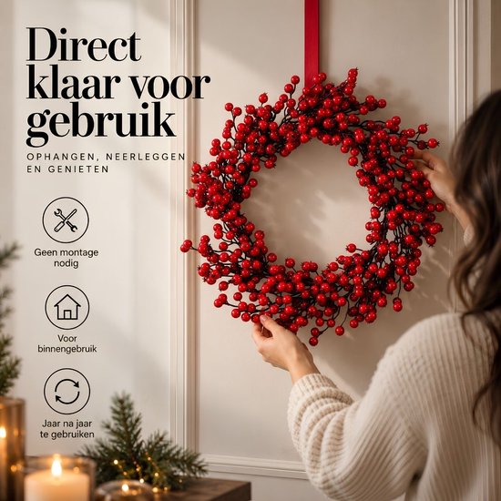 Mica Decorations : Décoration de Noël avec des baies rouges - Couronne de Noël pour créer une ambiance festive chez vous - Ø 50 cm en mousse - Couronne de porte d'intérieur pour la période de Noël - Rouge