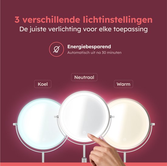 Fraay Miroir de maquillage avec éclairage LED Ø20 cm - Grossissement 10x - Rechargeable - Double face - Dimmable - 3 modes d'éclairage - Chrome