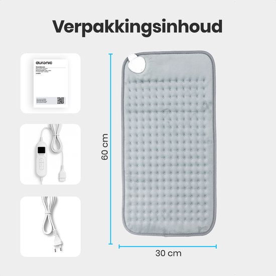 Auronic Coussin chauffant électrique - XXL - 60x30cm - Cou et épaules - Lavable - Coussin chauffant - Oreiller électrique - Gris