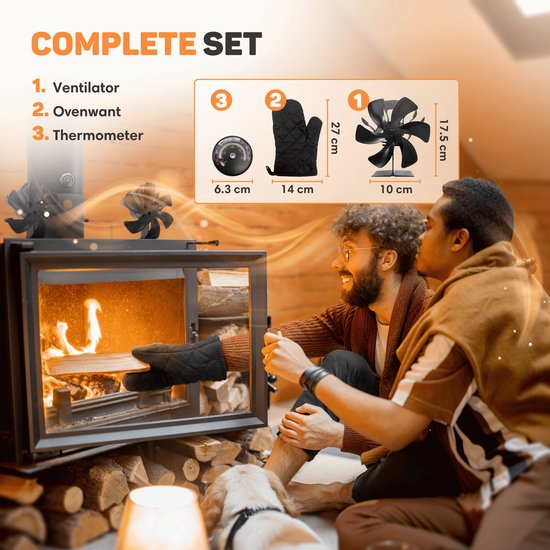 Vulpes Goods® Tech - Ventilateur de poêle à bois - Ventilateur de cheminée - Ecofan - Ventilateur de chaleur - 6 pales - Thermomètre, chiffon et gant inclus - version PRO