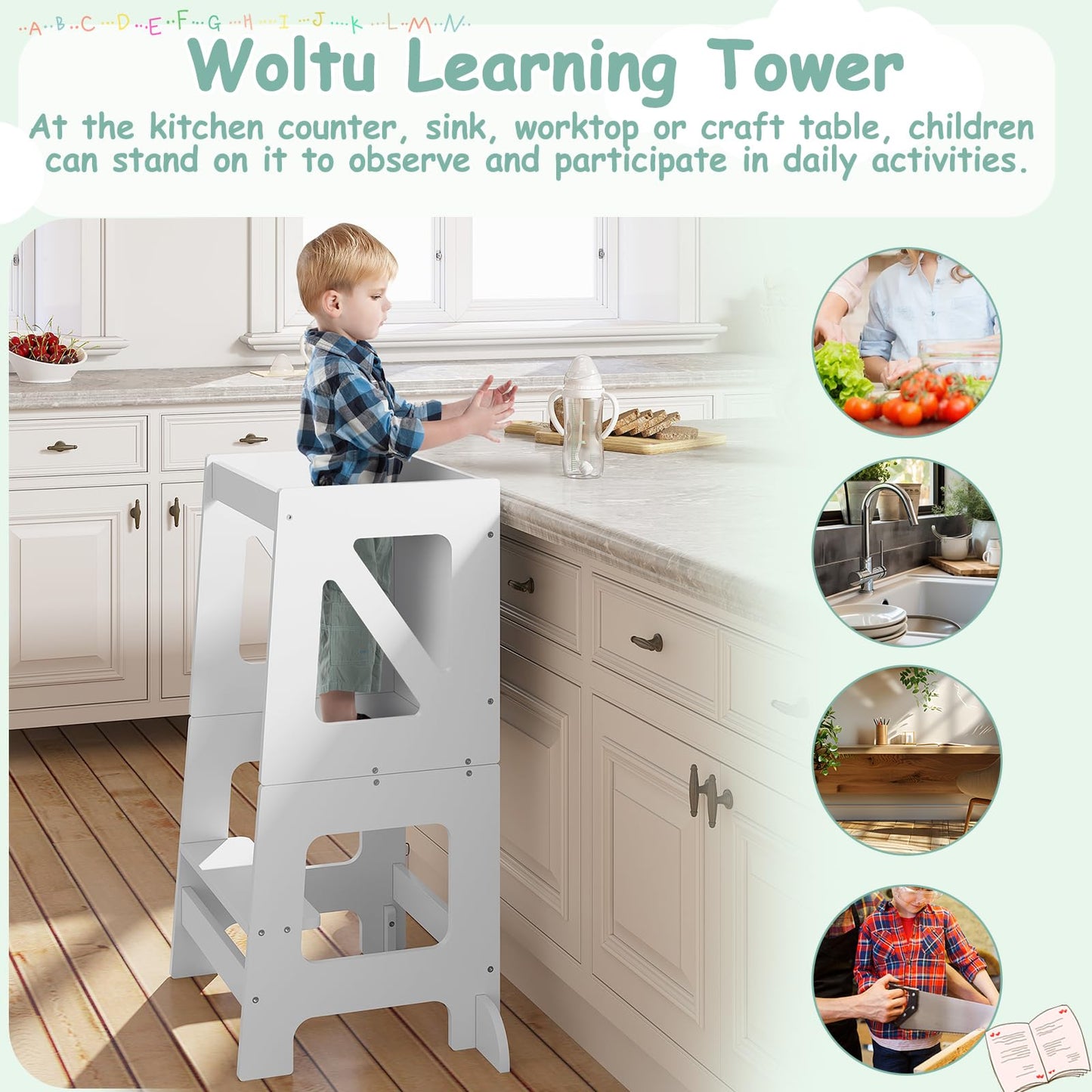 Woltu Learning Tower - 3-en-1 - Pliable - 35 x 86 x 45 cm - Blanc
